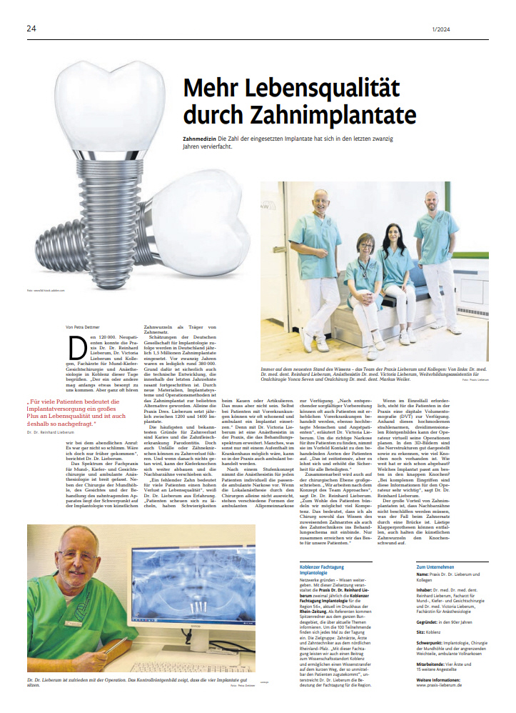 Pressebericht Rhein-Zeitung "Mehr Lebensqualität durch Zahnimplantate" vom 29. Februar 2024